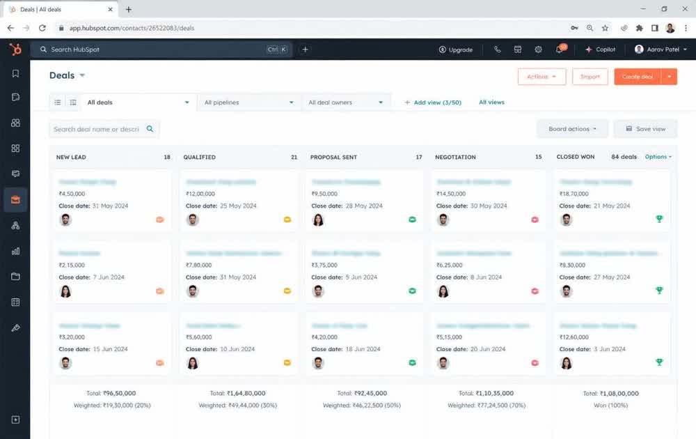 CRM pipeline board, lead to closed won