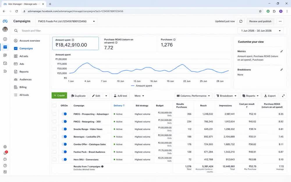 Meta Ads Manager, FMCG campaign month