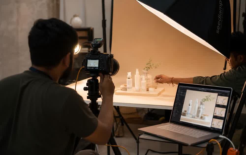 On set, tethered capture during a skincare shoot