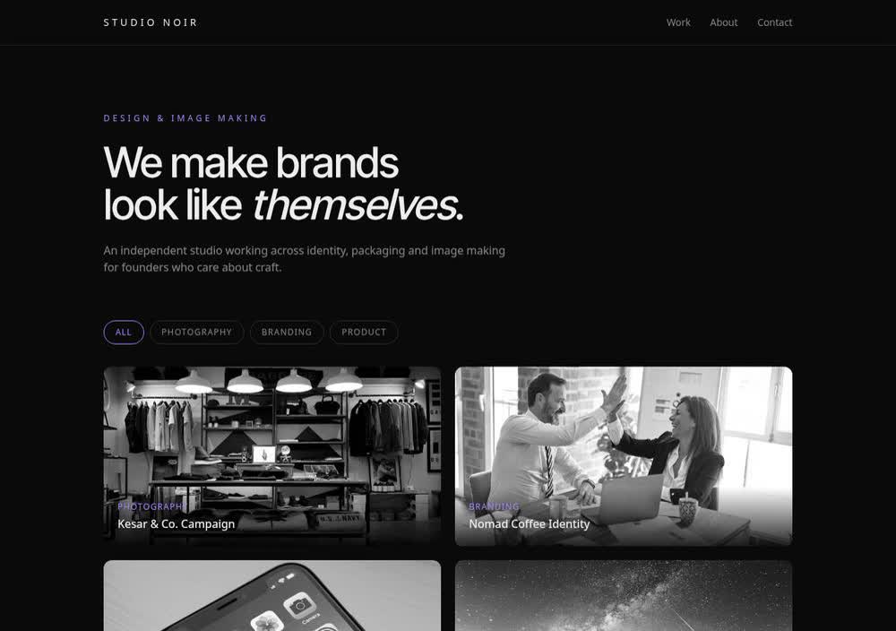 Studio Noir portfolio & creator website template preview