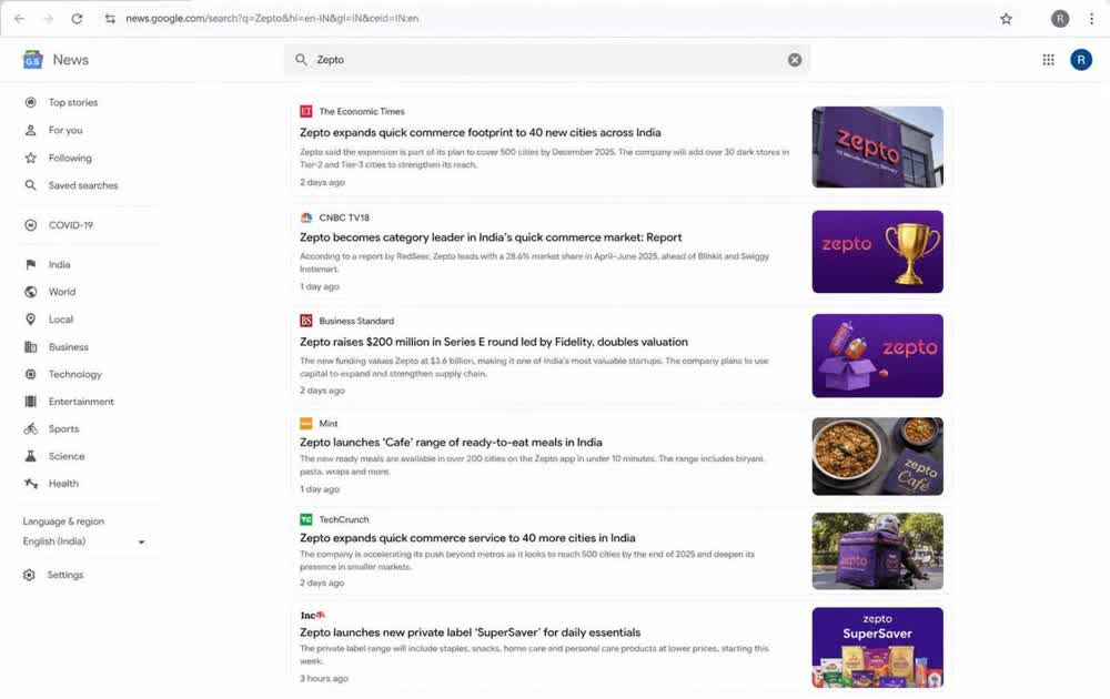 News search results, category coverage cluster