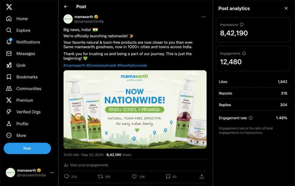 X announcement post with post analytics