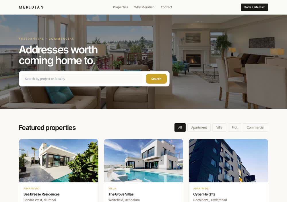 Meridian Estates real estate website template preview