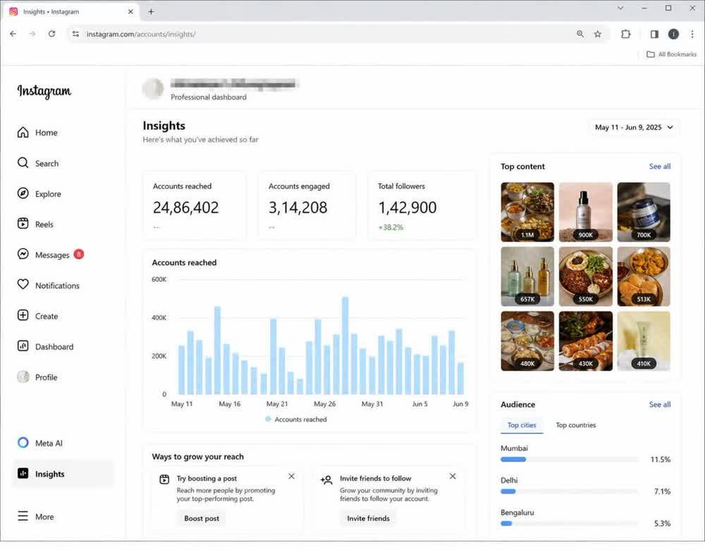 Instagram professional dashboard, 90 day view